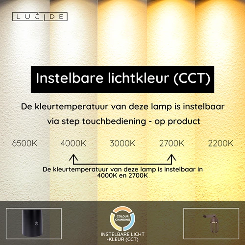 Lucide WELLS - Oplaadbare Wandlamp Binnen/Buiten - Accu/Batterij - Ø 10 cm - LED Dimb. - CCT - 1x5W 2700K/4000K - IP54 - Roest bruin | Essential - USP